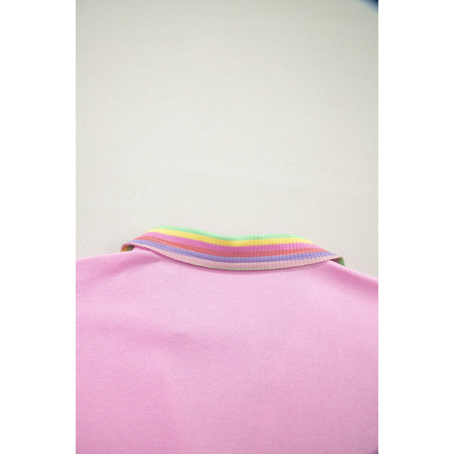 Pink Rainbow Stripe Ribbed Patchwork Raw Seam Oversize Polo Tee Tops/Tops & Tees