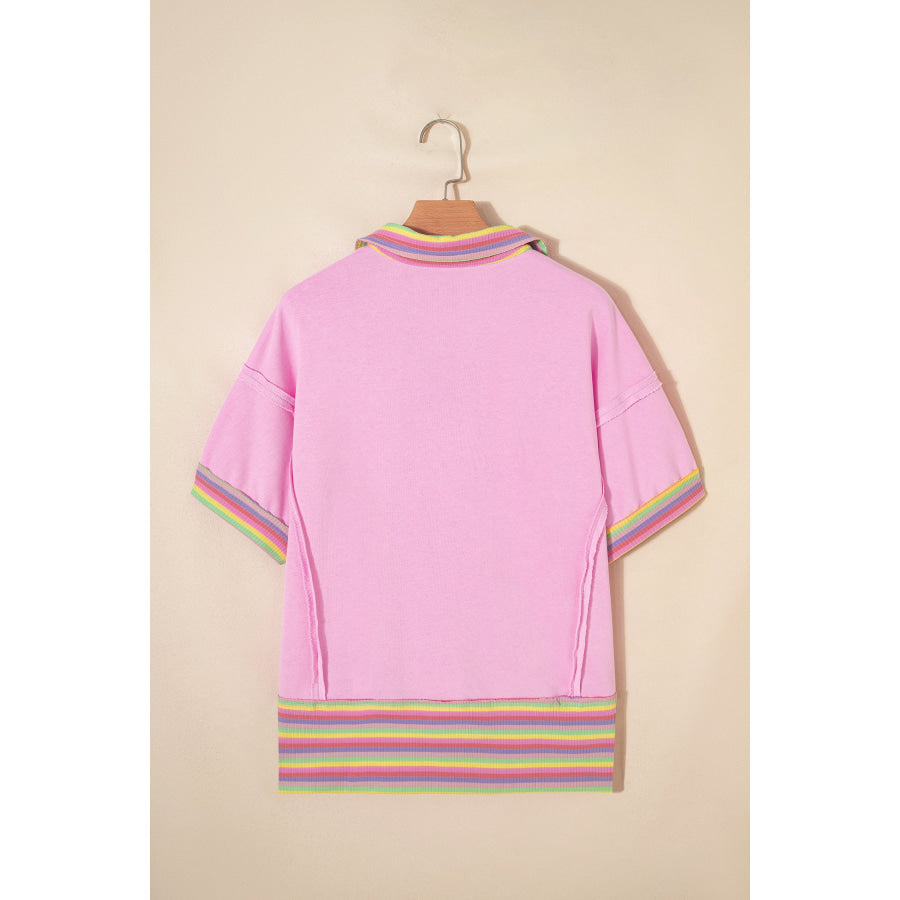 Pink Rainbow Stripe Ribbed Patchwork Raw Seam Oversize Polo Tee Tops/Tops & Tees