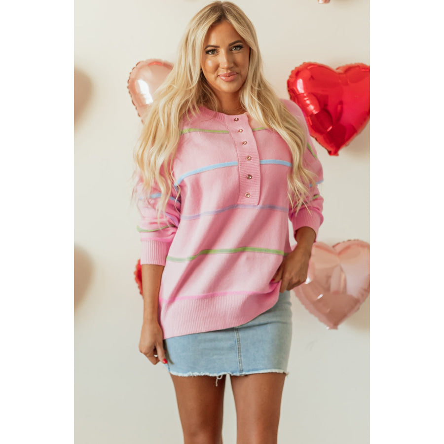 Pink Rainbow Stripes Drop Shoulder Baggy Henley Sweater Pink / S / 50% Viscose + 28% Polyester + 22% Polyamide Sale (50% OFF)/Sale (50% OFF)