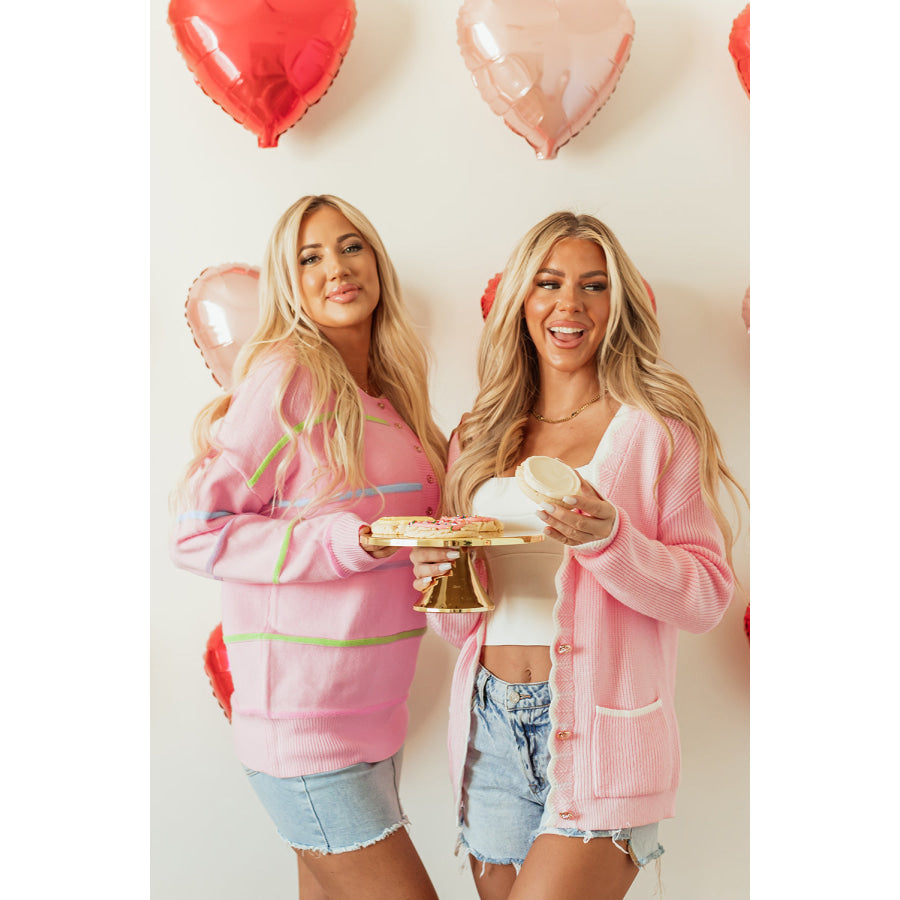 Pink Rainbow Stripes Drop Shoulder Baggy Henley Sweater Sale (50% OFF)/Sale (50% OFF)