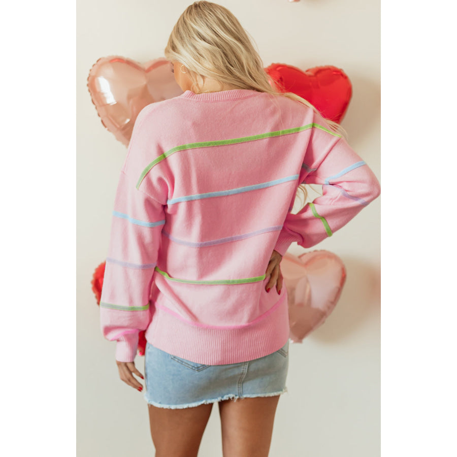 Pink Rainbow Stripes Drop Shoulder Baggy Henley Sweater Sale (50% OFF)/Sale (50% OFF)