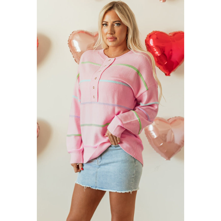 Pink Rainbow Stripes Drop Shoulder Baggy Henley Sweater Sale (50% OFF)/Sale (50% OFF)