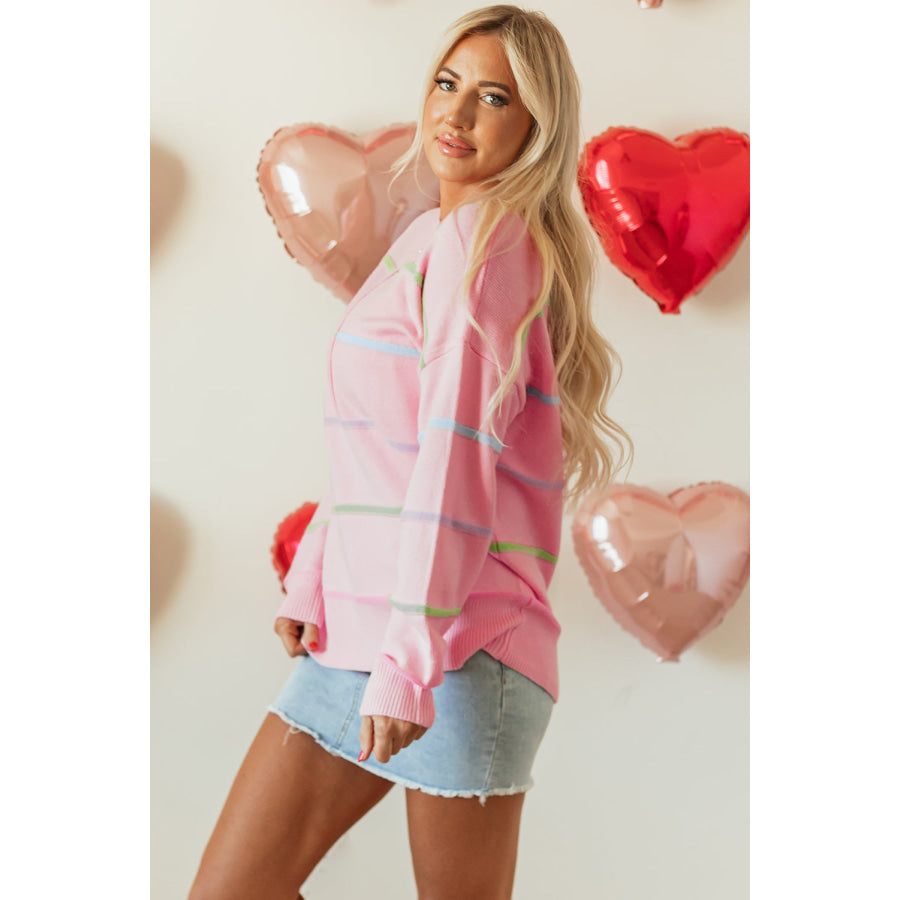 Pink Rainbow Stripes Drop Shoulder Baggy Henley Sweater Sale (50% OFF)/Sale (50% OFF)