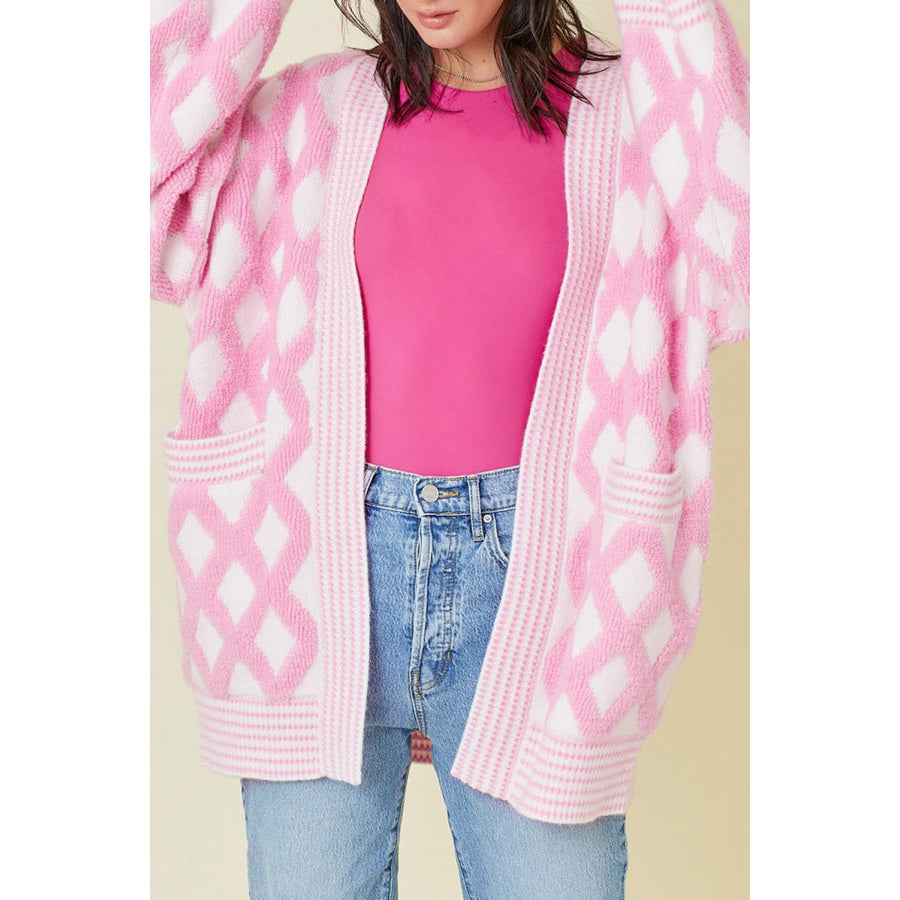 Pink Rhombus Pattern Knit Open Front Pocketed Cardigans Pink / S / 50% Viscose + 28% Polyester + 22% Polyamide Sale (50% OFF)/Sale (50% OFF)