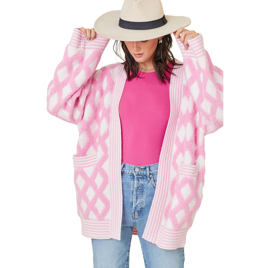 Pink Rhombus Pattern Knit Open Front Pocketed Cardigans Sale (50% OFF)/Sale (50% OFF)