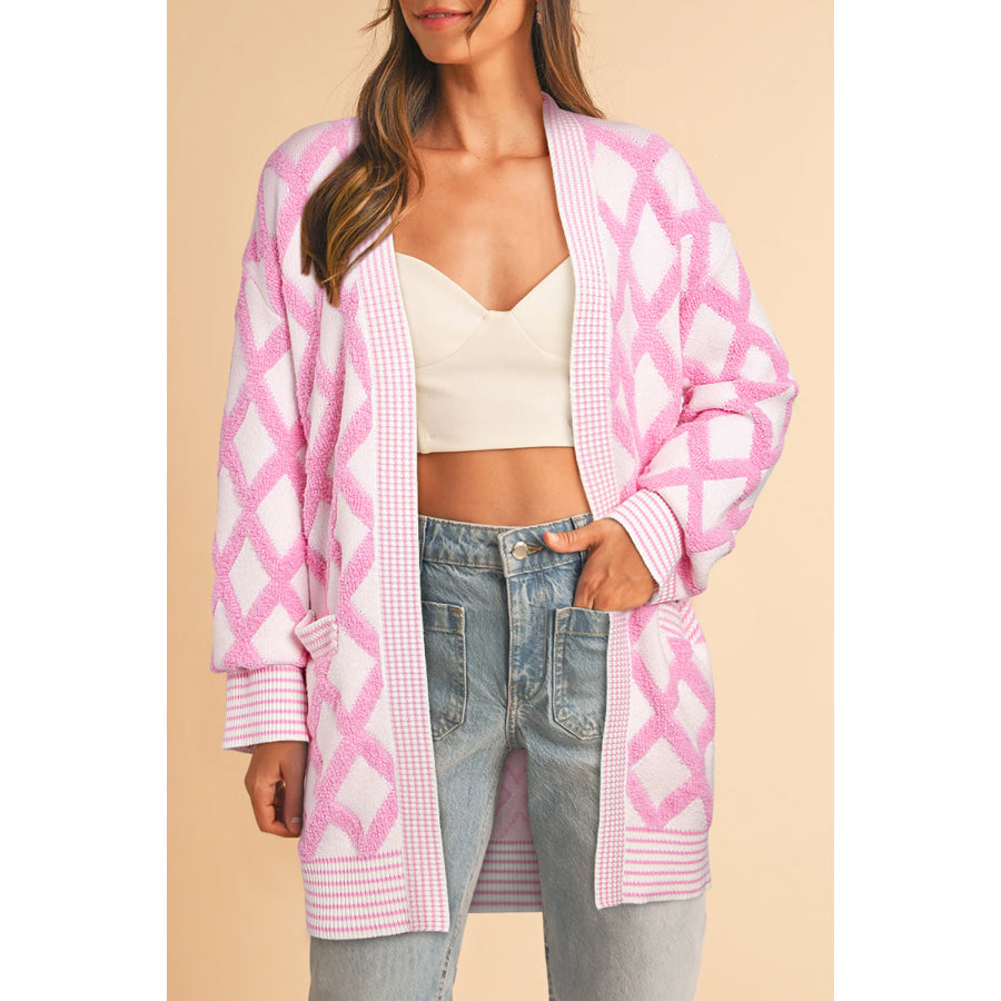Pink Rhombus Pattern Knit Open Front Pocketed Cardigans Sale (50% OFF)/Sale (50% OFF)