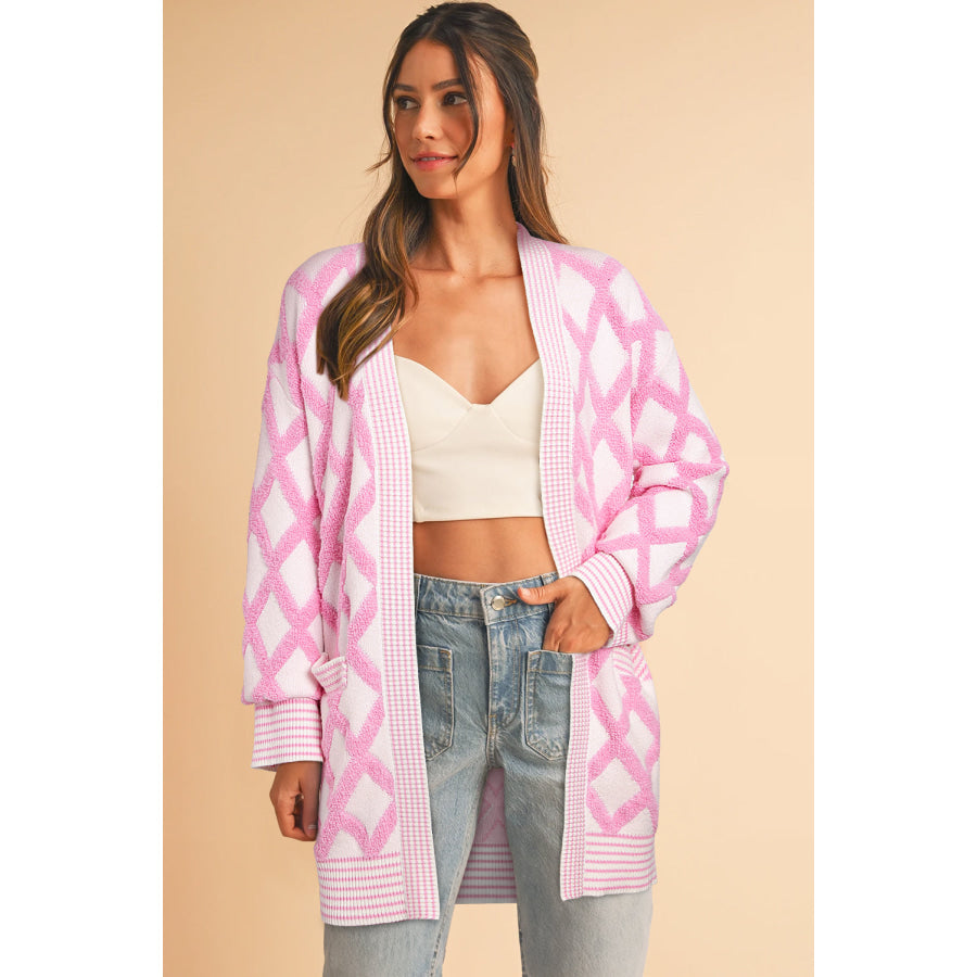 Pink Rhombus Pattern Knit Open Front Pocketed Cardigans Sale (50% OFF)/Sale (50% OFF)