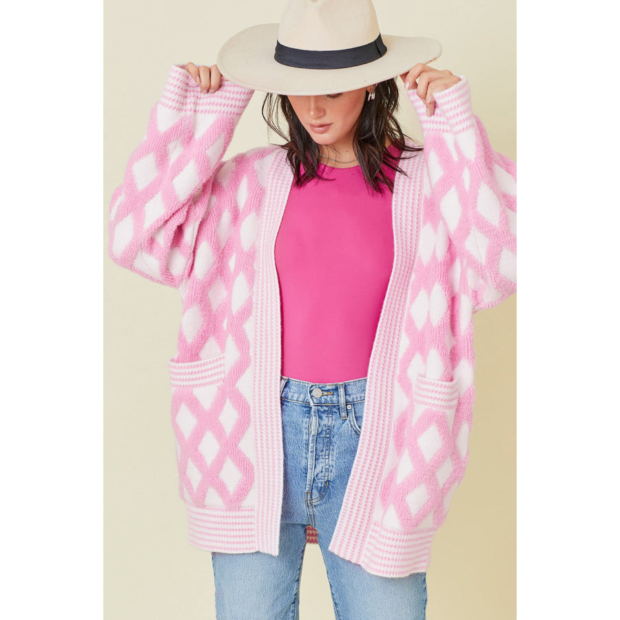 Pink Rhombus Pattern Knit Open Front Pocketed Cardigans Sale (50% OFF)/Sale (50% OFF)
