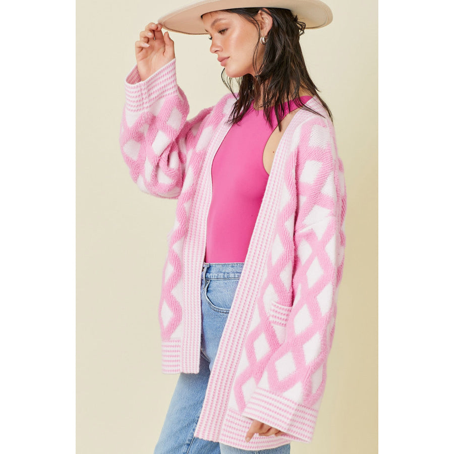 Pink Rhombus Pattern Knit Open Front Pocketed Cardigans Sale (50% OFF)/Sale (50% OFF)