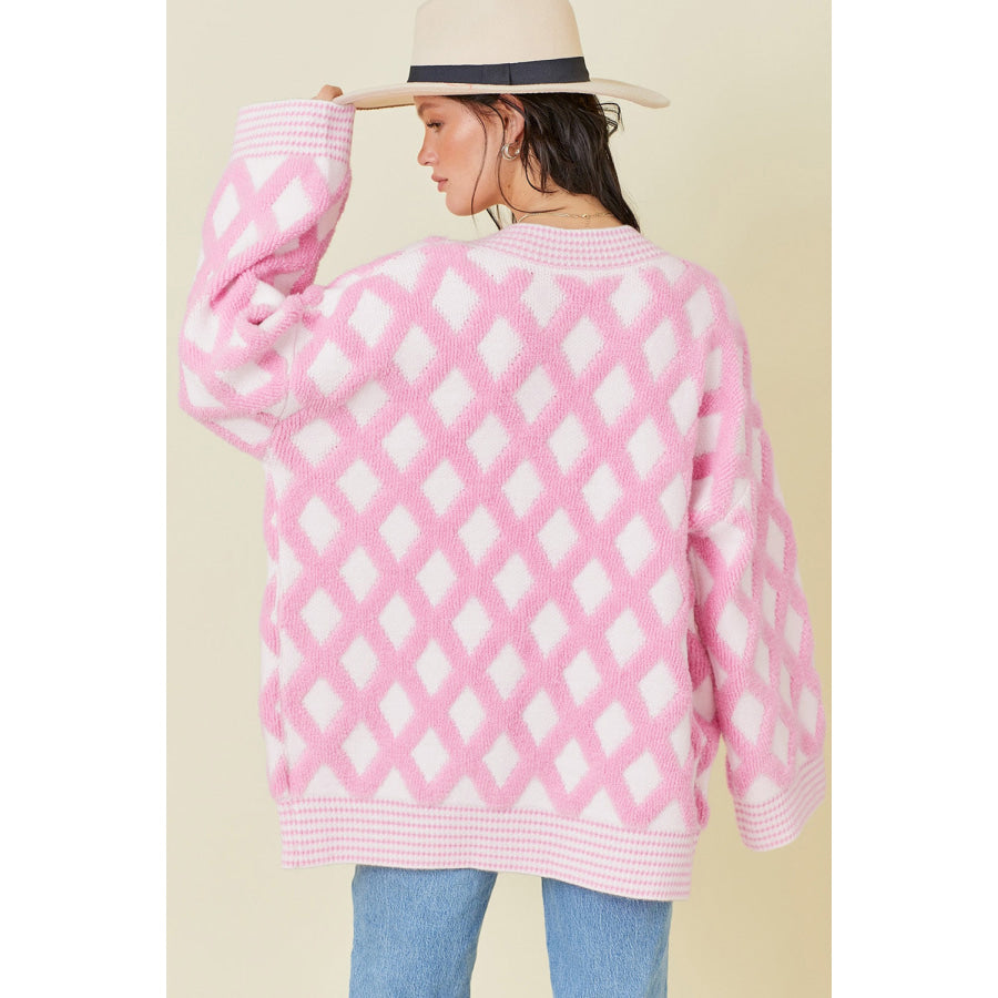 Pink Rhombus Pattern Knit Open Front Pocketed Cardigans Sale (50% OFF)/Sale (50% OFF)