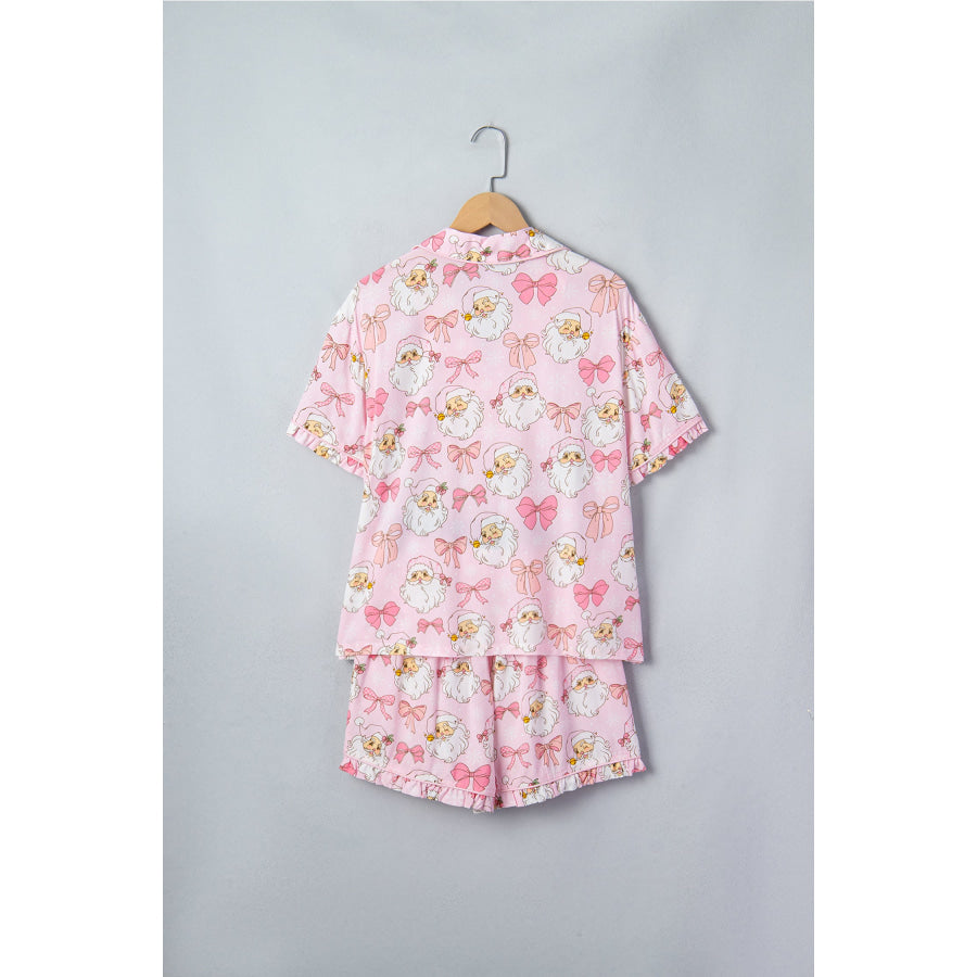 Pink Santa Print Paneling Shift Silhouette Short Sleeve Lounge Set Loungewear & Sleepwear/Sleepwear