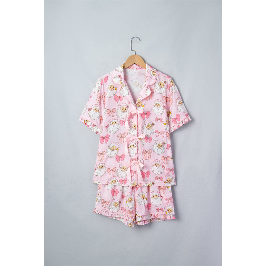 Pink Santa Print Paneling Shift Silhouette Short Sleeve Lounge Set Loungewear & Sleepwear/Sleepwear