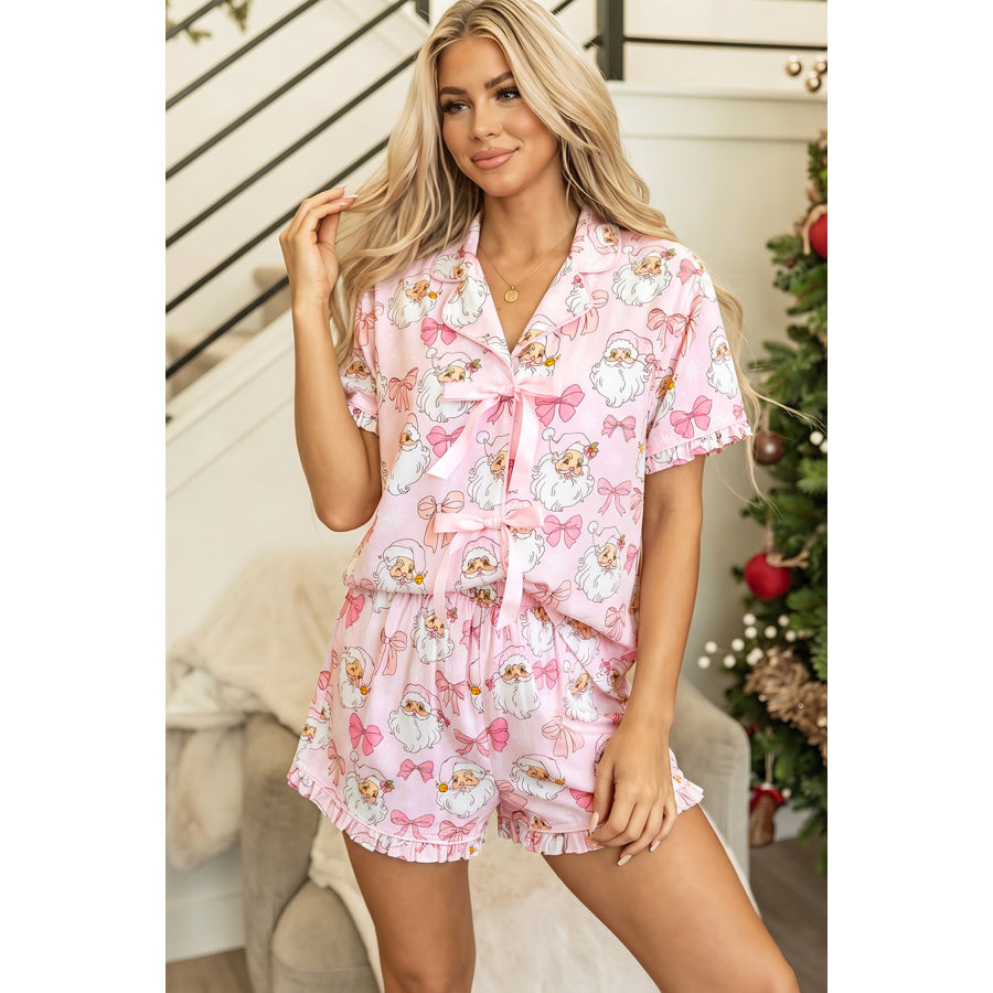 Pink Santa Print Paneling Shift Silhouette Short Sleeve Lounge Set Pink / S / 100% Viscose Loungewear & Sleepwear/Sleepwear