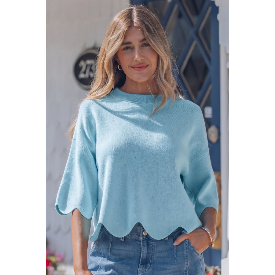 Pink Scalloped Hem 3/4 Sleeve Sweater Top Myosotis / S / 52% Viscose + 26% Polyester + 22% Polyamide Sweaters & Cardigans/Short Sleeve