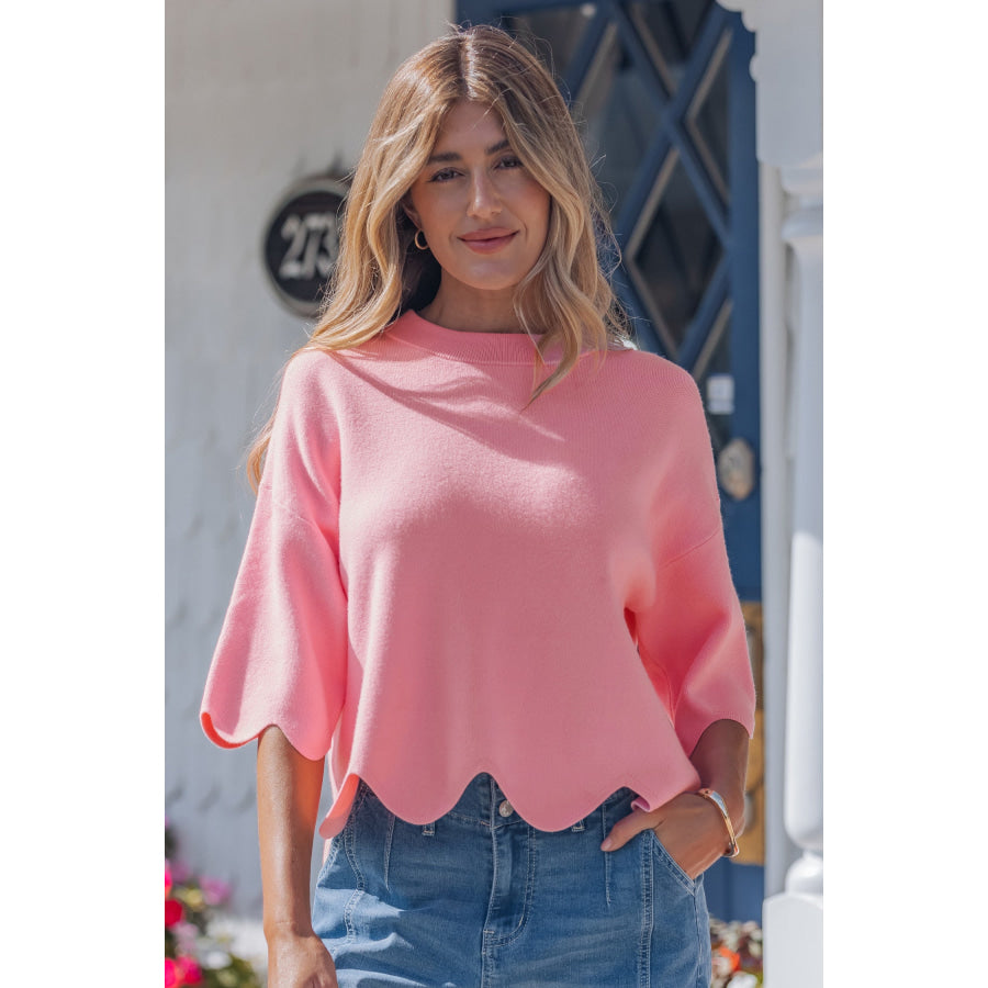 Pink Scalloped Hem 3/4 Sleeve Sweater Top Pink / S / 52% Viscose + 26% Polyester + 22% Polyamide Sweaters & Cardigans/Short Sleeve Sweaters