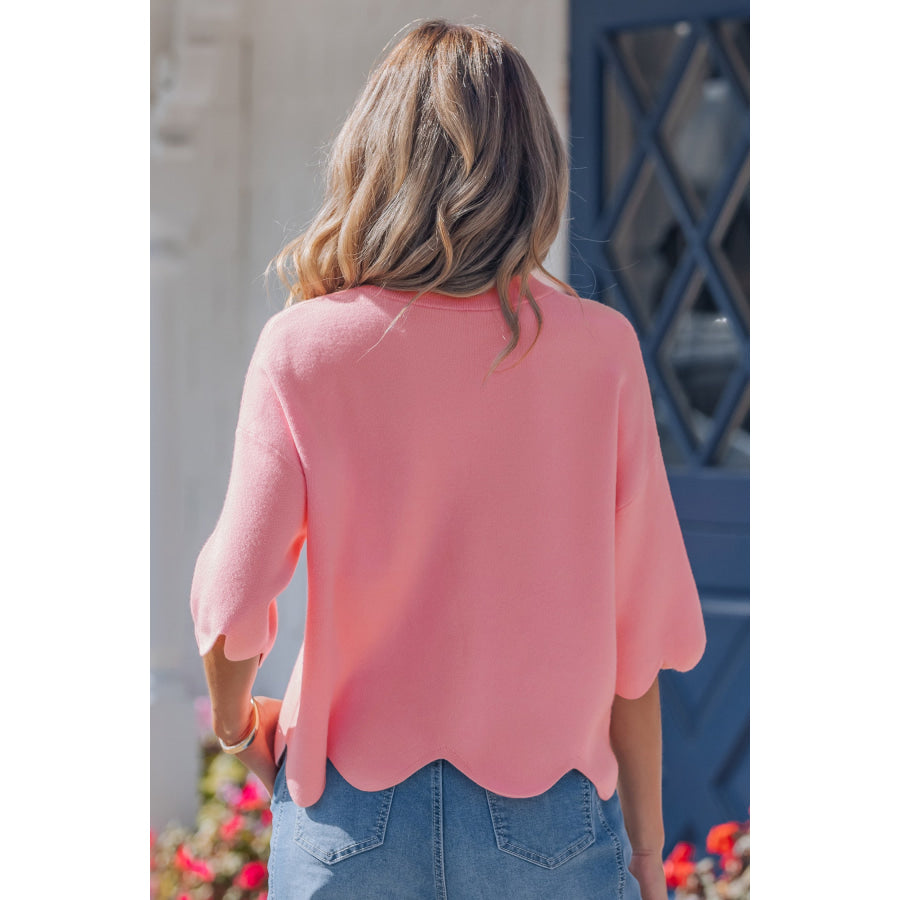 Pink Scalloped Hem 3/4 Sleeve Sweater Top Sweaters & Cardigans/Short Sleeve Sweaters