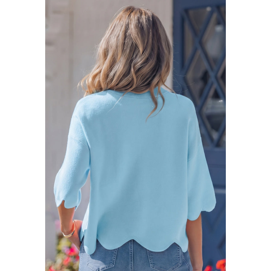 Pink Scalloped Hem 3/4 Sleeve Sweater Top Sweaters & Cardigans/Short Sleeve Sweaters