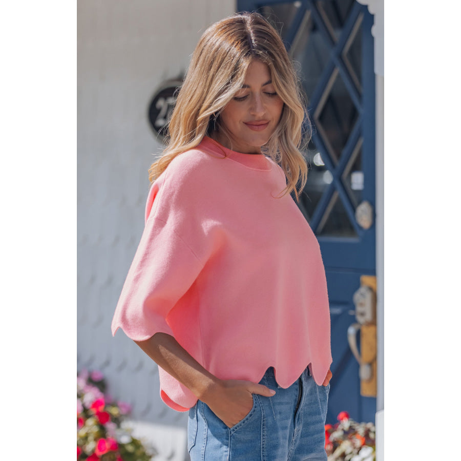 Pink Scalloped Hem 3/4 Sleeve Sweater Top Sweaters & Cardigans/Short Sleeve Sweaters