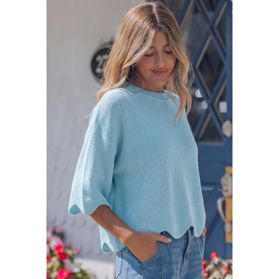 Pink Scalloped Hem 3/4 Sleeve Sweater Top Sweaters & Cardigans/Short Sleeve Sweaters