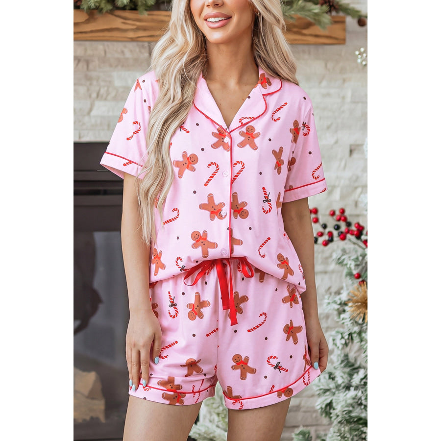 Pink Short Sleeve Placket Shell Button Elastic Waist Lounge Set Loungewear & Sleepwear/Loungewear