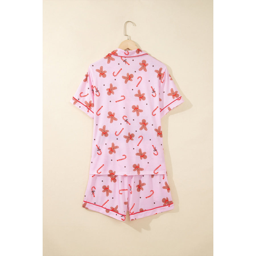 Pink Short Sleeve Placket Shell Button Elastic Waist Lounge Set Loungewear & Sleepwear/Loungewear