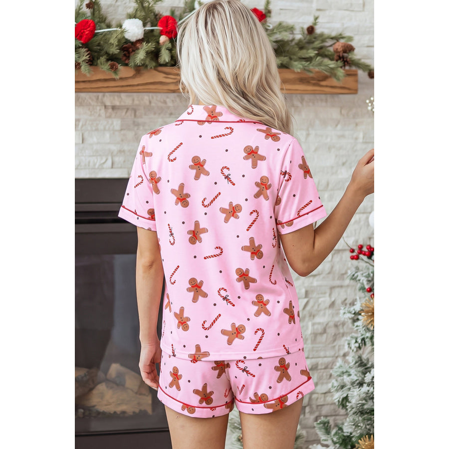 Pink Short Sleeve Placket Shell Button Elastic Waist Lounge Set Loungewear & Sleepwear/Loungewear