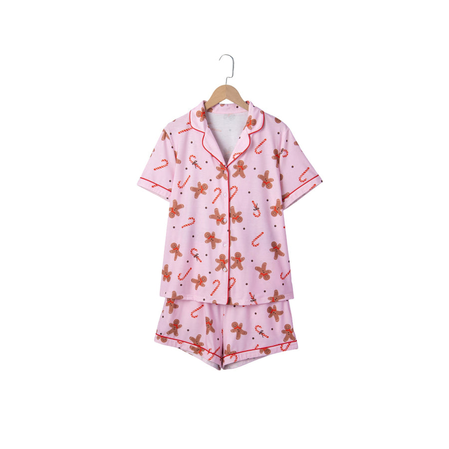 Pink Short Sleeve Placket Shell Button Elastic Waist Lounge Set Loungewear & Sleepwear/Loungewear