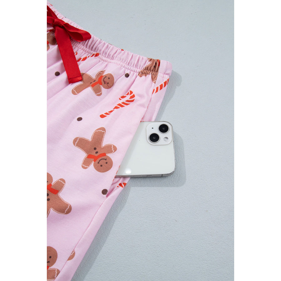 Pink Short Sleeve Placket Shell Button Elastic Waist Lounge Set Loungewear & Sleepwear/Loungewear