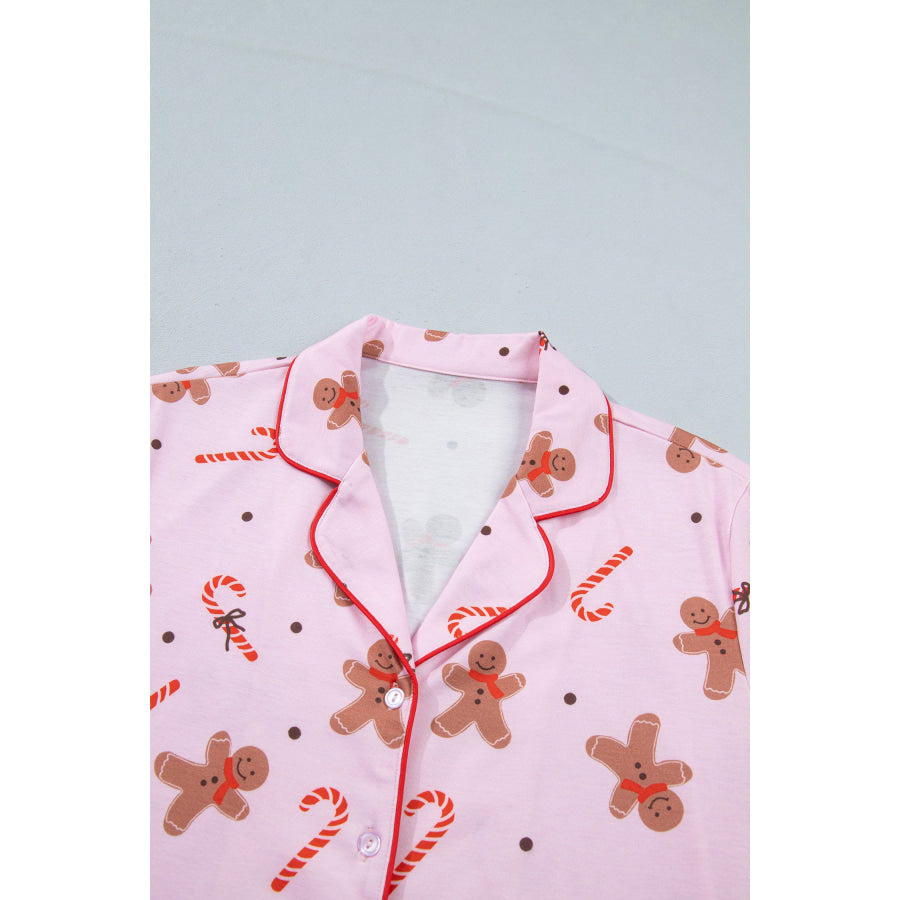 Pink Short Sleeve Placket Shell Button Elastic Waist Lounge Set Loungewear & Sleepwear/Loungewear