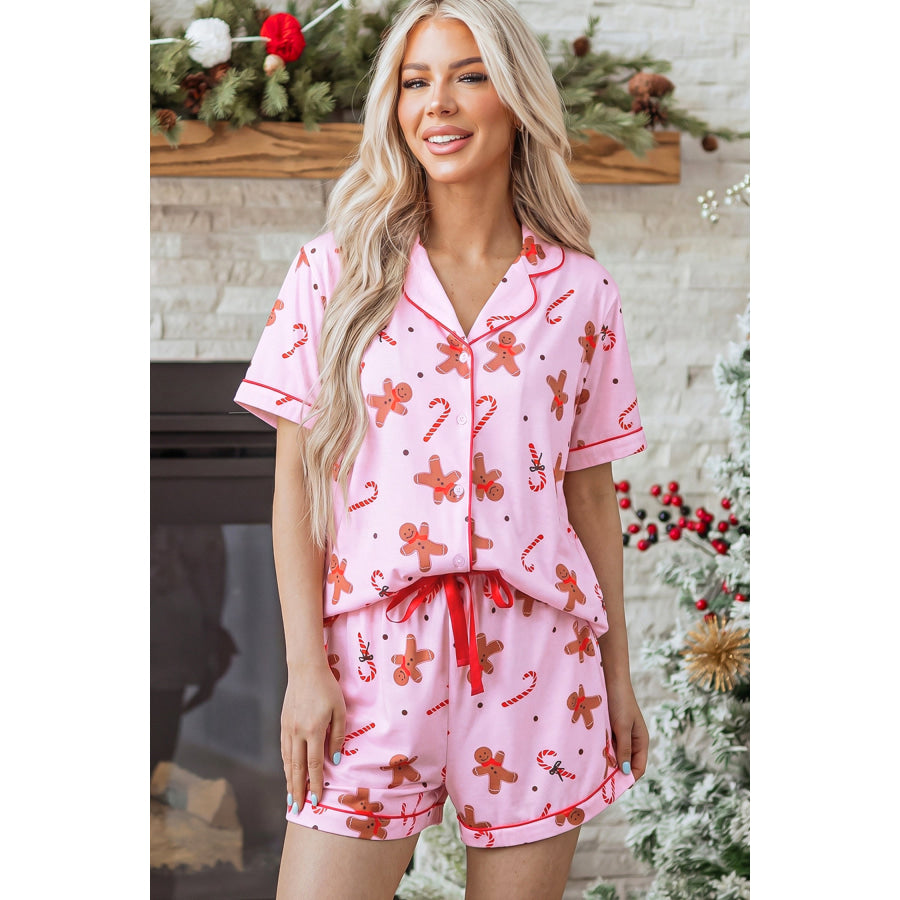 Pink Short Sleeve Placket Shell Button Elastic Waist Lounge Set Loungewear & Sleepwear/Loungewear