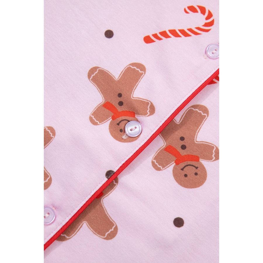 Pink Short Sleeve Placket Shell Button Elastic Waist Lounge Set Loungewear & Sleepwear/Loungewear