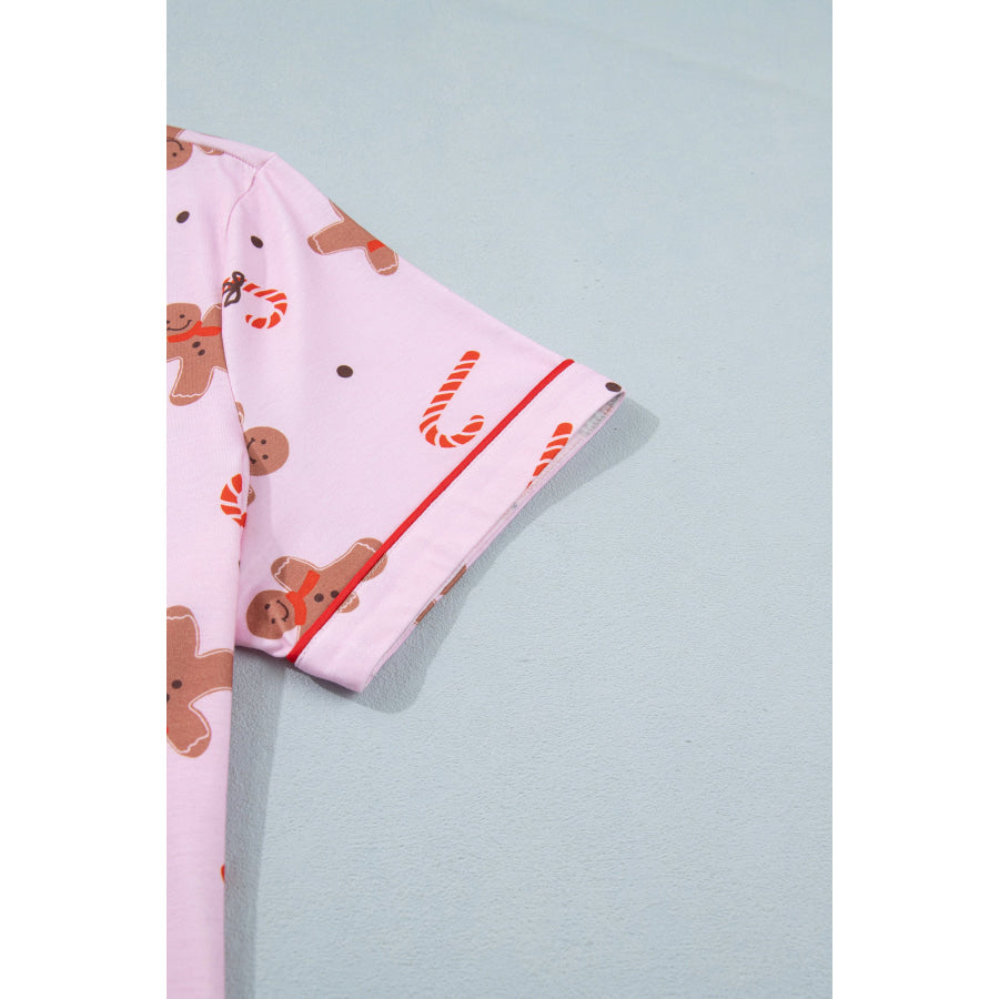 Pink Short Sleeve Placket Shell Button Elastic Waist Lounge Set Loungewear & Sleepwear/Loungewear