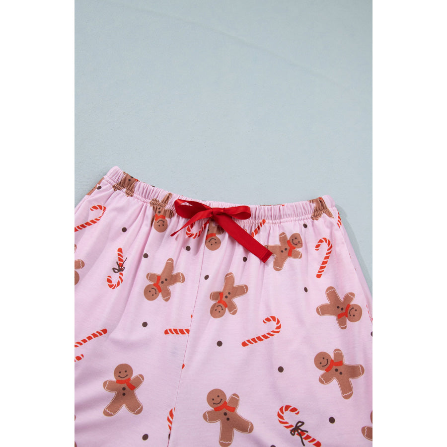Pink Short Sleeve Placket Shell Button Elastic Waist Lounge Set Loungewear & Sleepwear/Loungewear