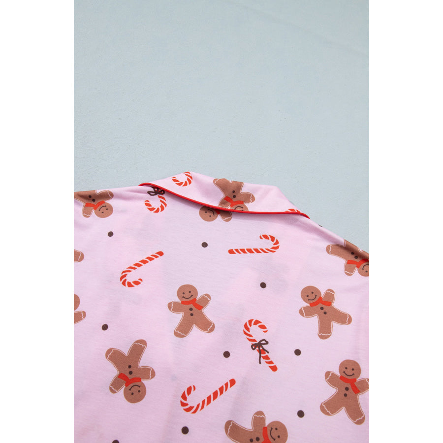Pink Short Sleeve Placket Shell Button Elastic Waist Lounge Set Loungewear & Sleepwear/Loungewear