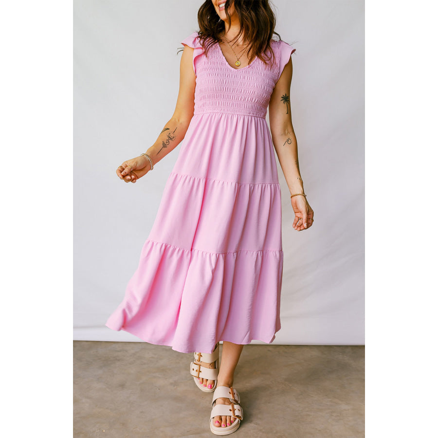 Pink Smocked Bodice Flutter Sleeve Fit Flare Tiered Midi Dress Dresses/Midi Dresses
