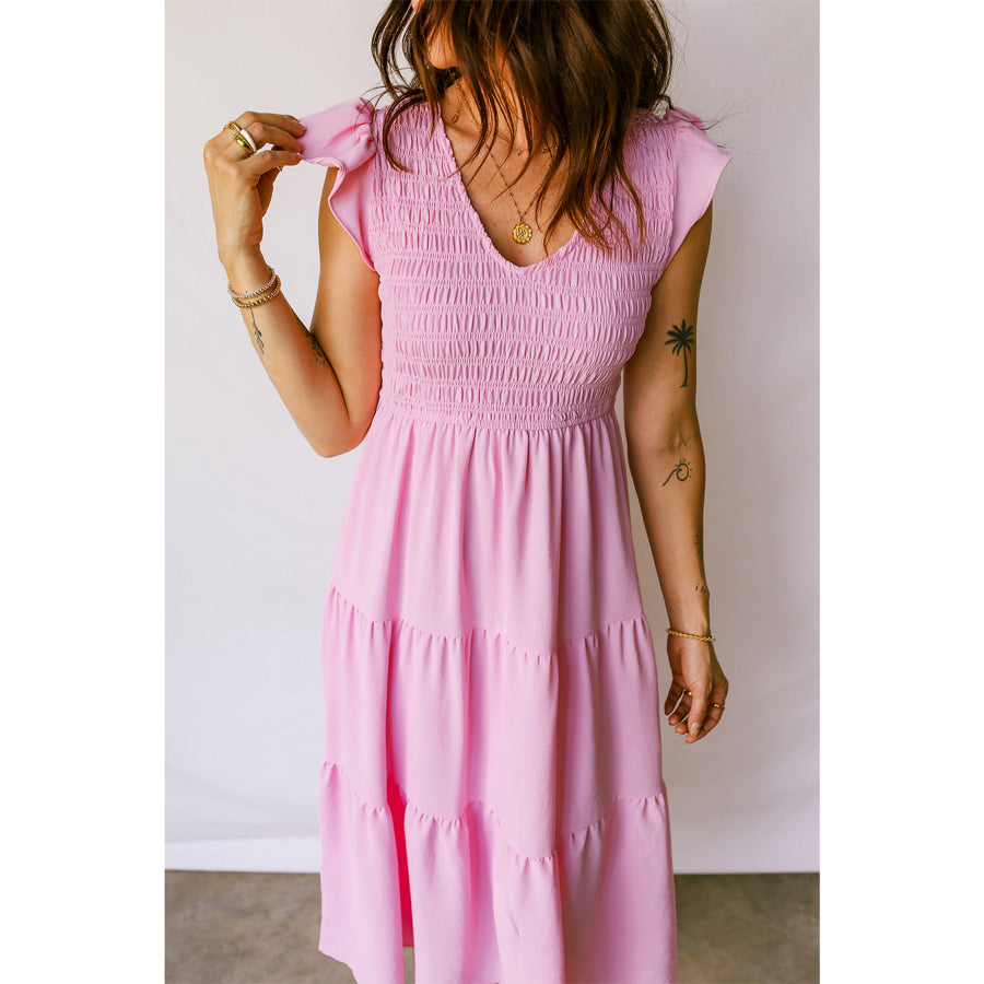 Pink Smocked Bodice Flutter Sleeve Fit Flare Tiered Midi Dress Dresses/Midi Dresses