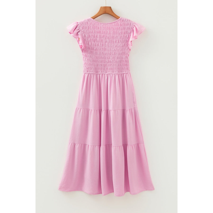 Pink Smocked Bodice Flutter Sleeve Fit Flare Tiered Midi Dress Dresses/Midi Dresses