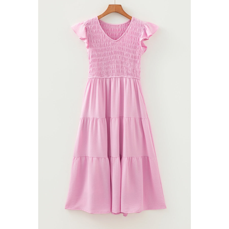 Pink Smocked Bodice Flutter Sleeve Fit Flare Tiered Midi Dress Dresses/Midi Dresses