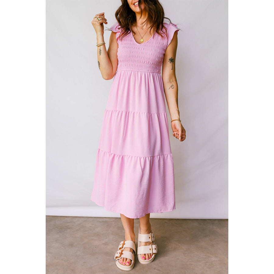 Pink Smocked Bodice Flutter Sleeve Fit Flare Tiered Midi Dress Dresses/Midi Dresses