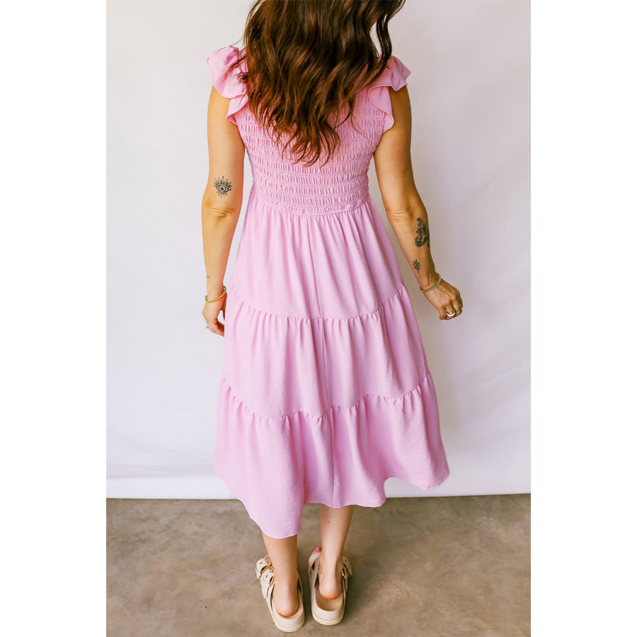 Pink Smocked Bodice Flutter Sleeve Fit Flare Tiered Midi Dress Dresses/Midi Dresses