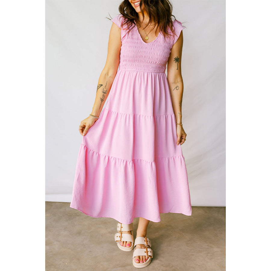 Pink Smocked Bodice Flutter Sleeve Fit Flare Tiered Midi Dress Pink / S / 100% Polyester Dresses/Midi Dresses