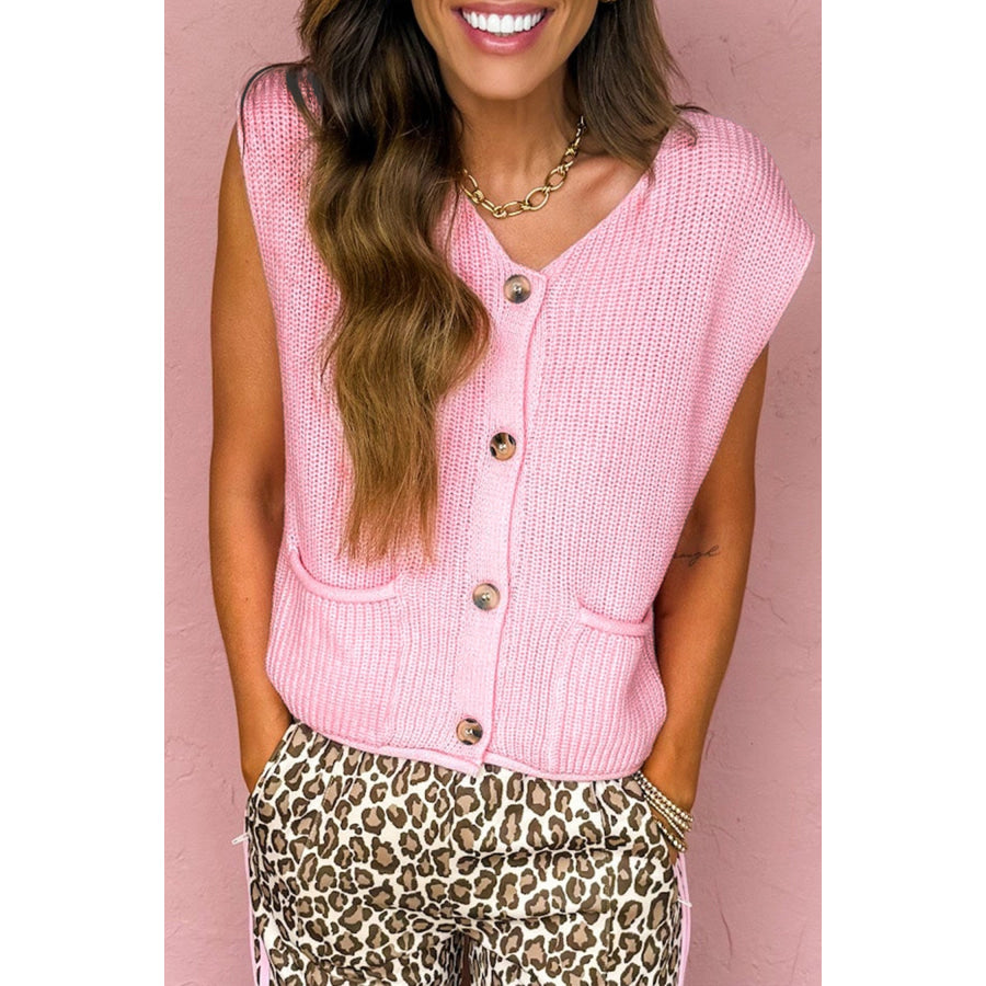 Pink Solid Color Knit V Neck Button Front Sweater Vest Pink / S / 55% Acrylic + 45% Cotton Sweaters & Cardigans/Sweater Vests