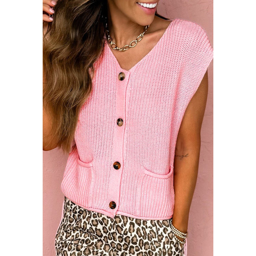 Pink Solid Color Knit V Neck Button Front Sweater Vest Sweaters & Cardigans/Sweater Vests