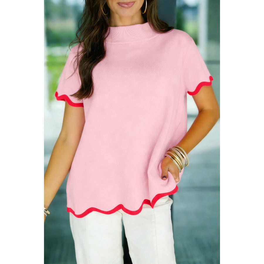 Pink Stand Neck Contrast Wavy Trim Short Sleeve Sweater Sweaters & Cardigans/Short Sleeve Sweaters