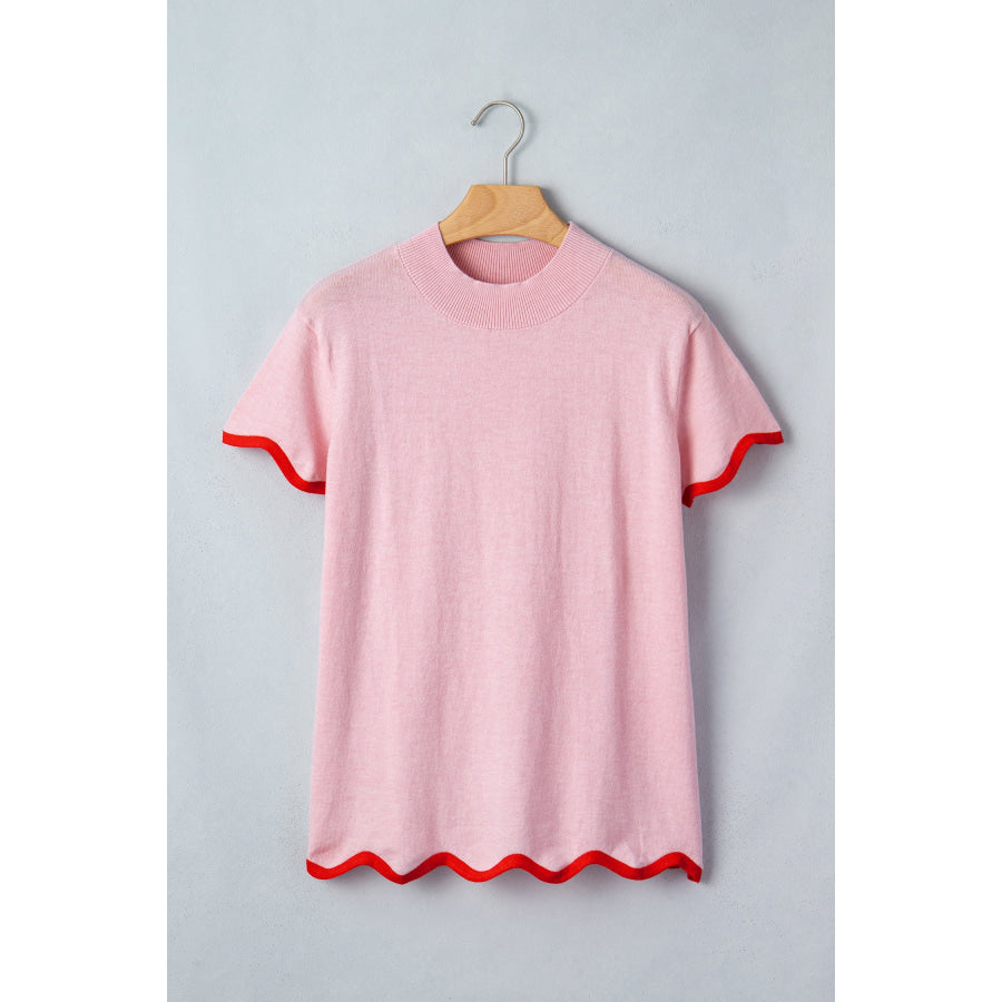 Pink Stand Neck Contrast Wavy Trim Short Sleeve Sweater Sweaters & Cardigans/Short Sleeve Sweaters