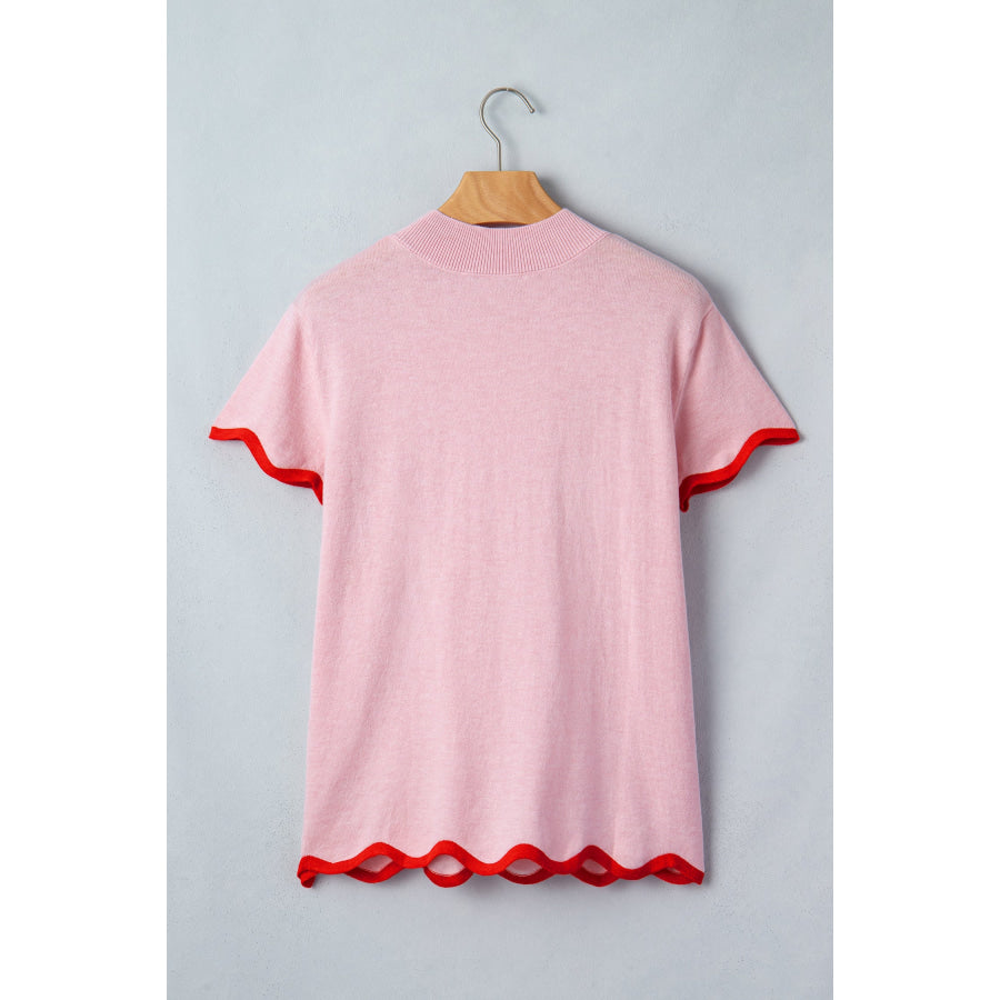 Pink Stand Neck Contrast Wavy Trim Short Sleeve Sweater Sweaters & Cardigans/Short Sleeve Sweaters