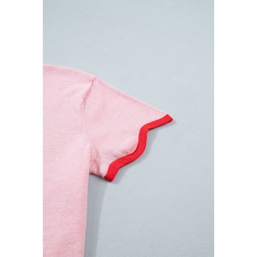Pink Stand Neck Contrast Wavy Trim Short Sleeve Sweater Sweaters & Cardigans/Short Sleeve Sweaters