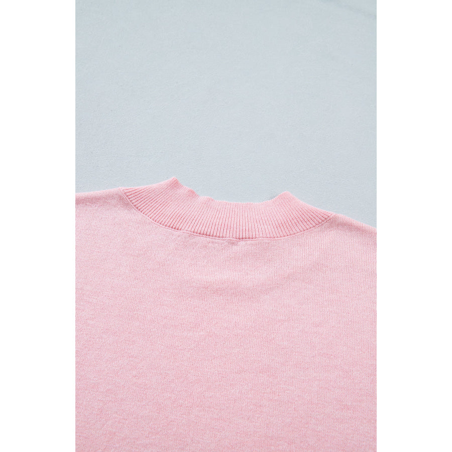 Pink Stand Neck Contrast Wavy Trim Short Sleeve Sweater Sweaters & Cardigans/Short Sleeve Sweaters