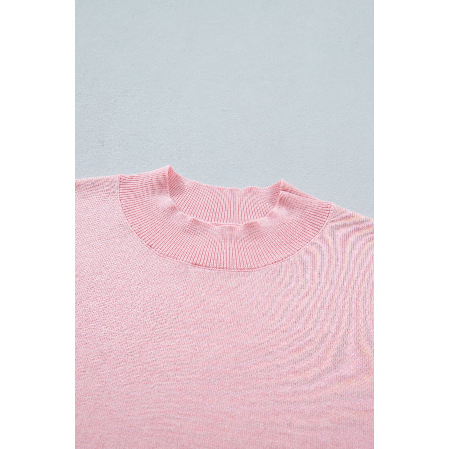 Pink Stand Neck Contrast Wavy Trim Short Sleeve Sweater Sweaters & Cardigans/Short Sleeve Sweaters