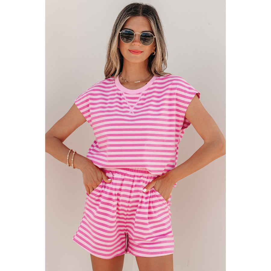 Pink Stripe Cap Sleeve Tee Elastic Waist Shorts 2pcs Outfit Pink Stripe / S / 95% Cotton + 5% Elastane Two Piece Sets/Short Sets